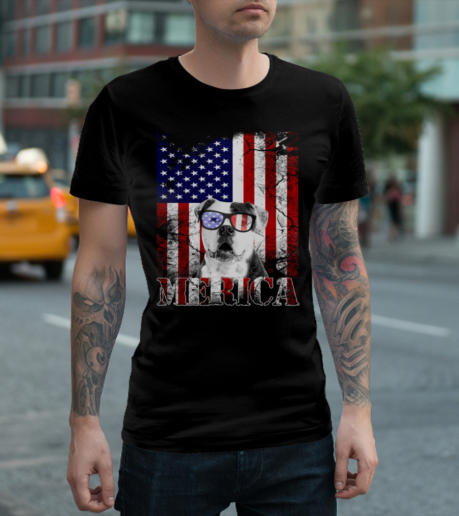 Merica USA Flag American Bulldog July 4th Patriotic T-Shirt