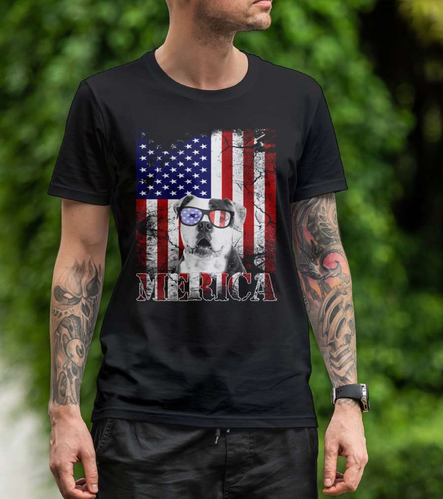 Merica USA Flag American Bulldog July 4th Patriotic T-Shirt