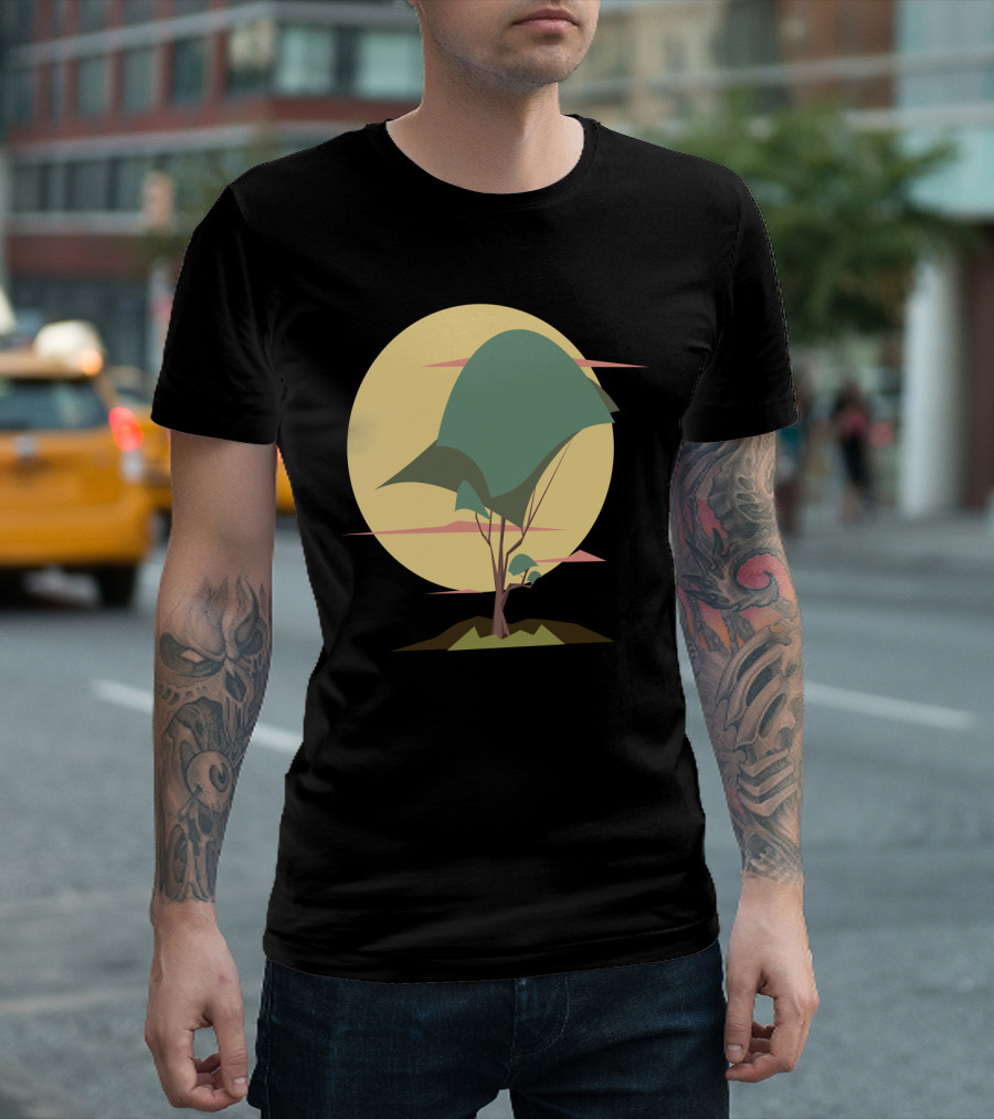 Geometree Abstract Tree Design With Geometric Shapes And Moon Background T-Shirt