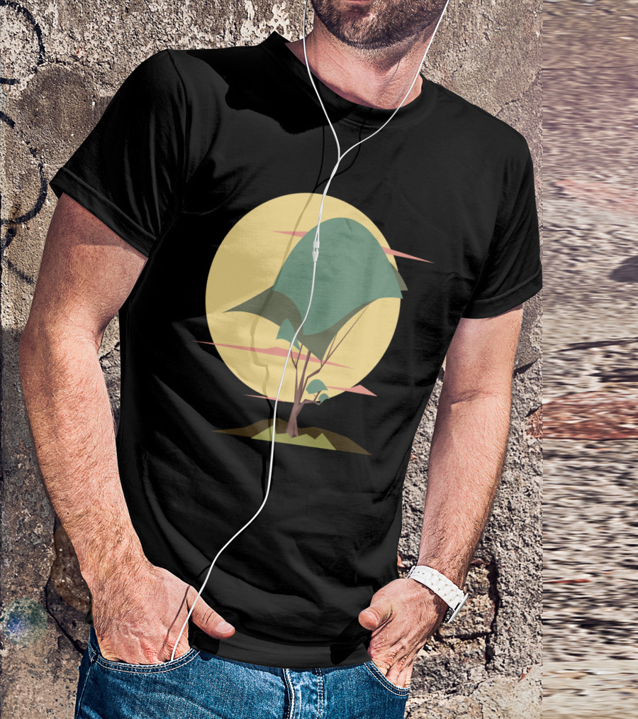 Geometree Abstract Tree Design With Geometric Shapes And Moon Background T-Shirt