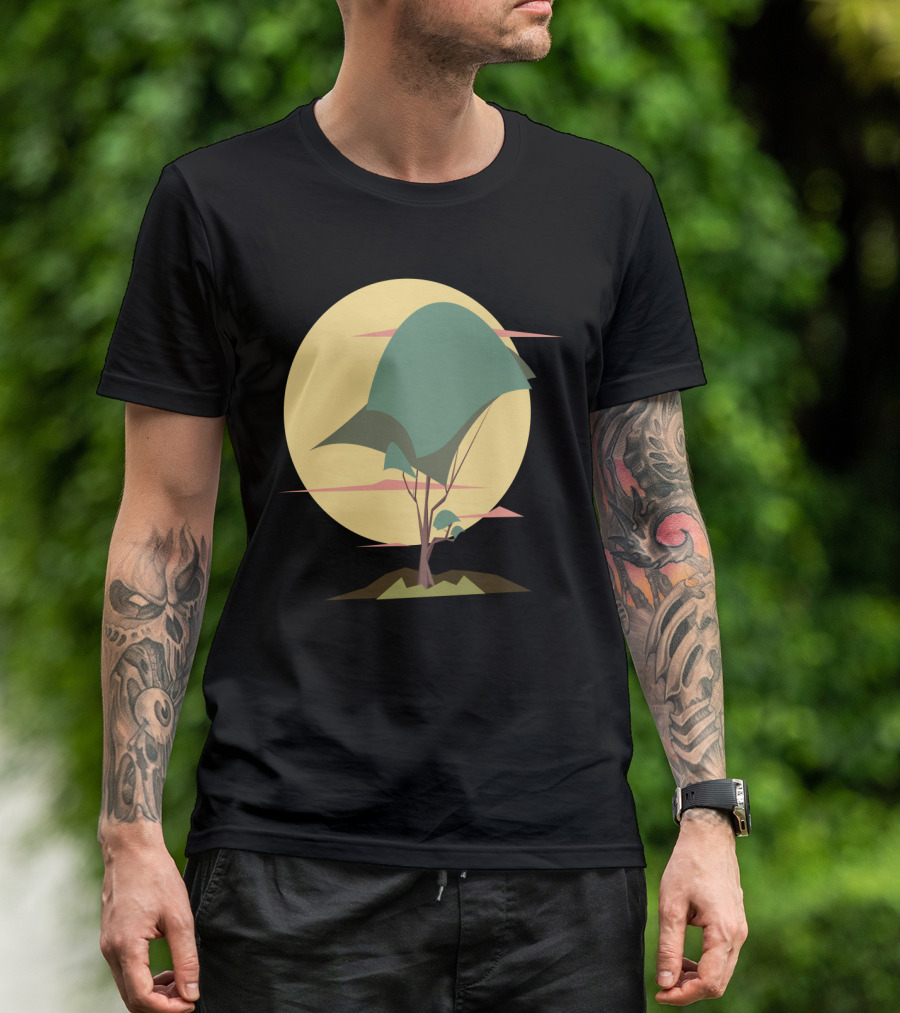 Geometree Abstract Tree Design With Geometric Shapes And Moon Background T-Shirt