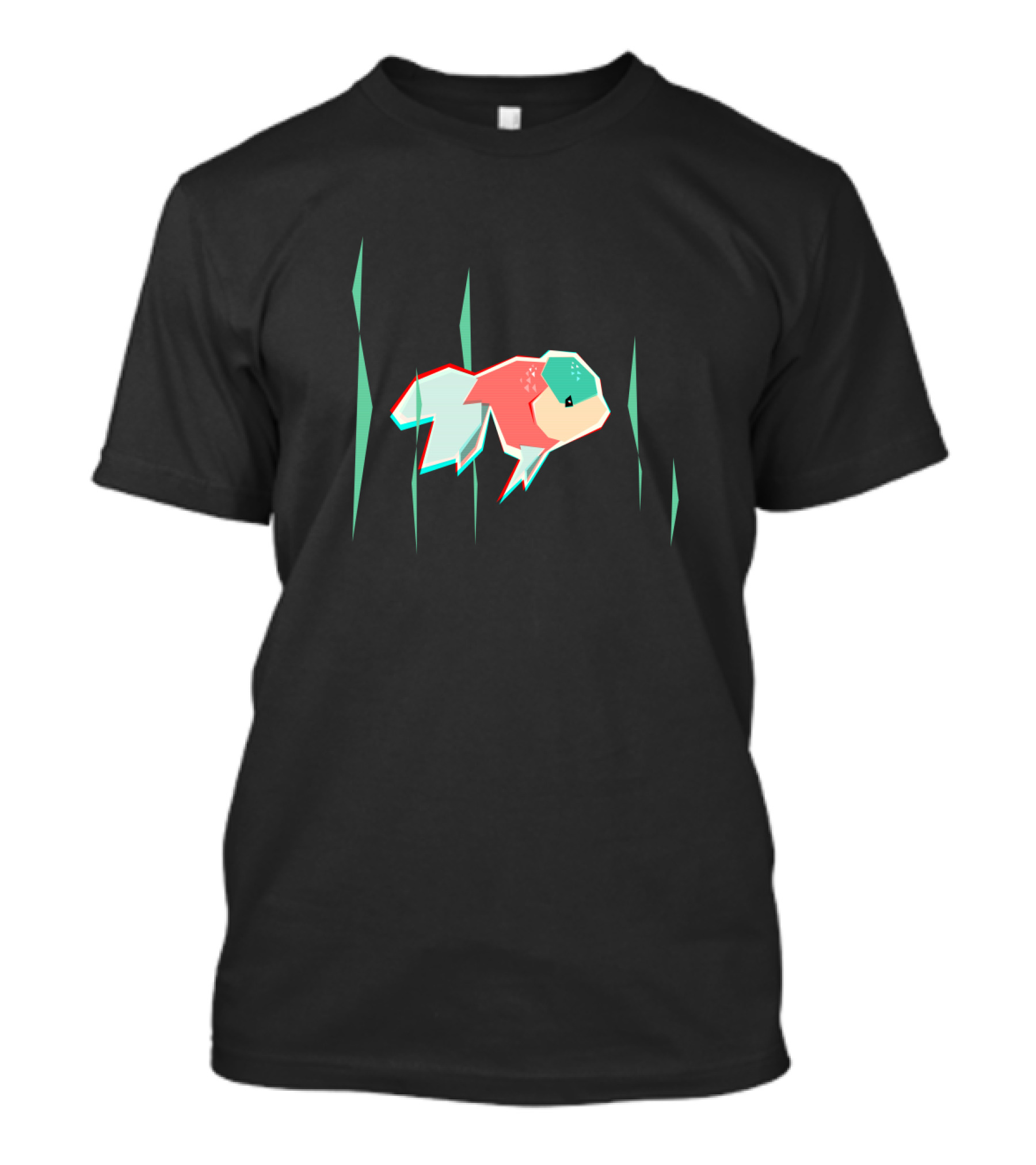 Geometric Neon Future Fish Design Floating Through Stylized Aqua Reeds T-Shirt