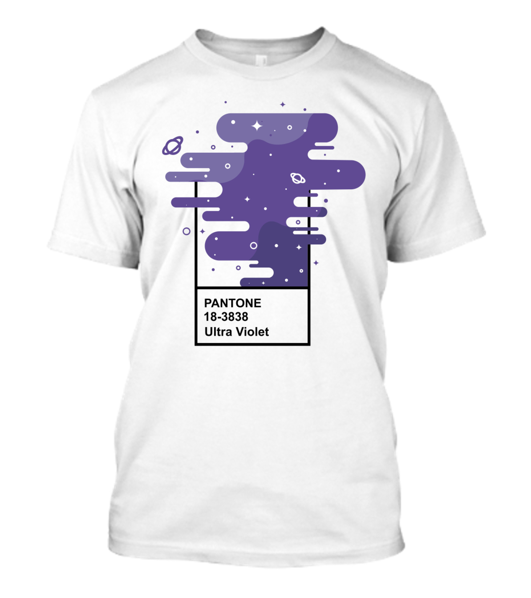 Pantone 18-3838 Ultra Violet Cosmic Space Swirls With Planets And Stars T-Shirt