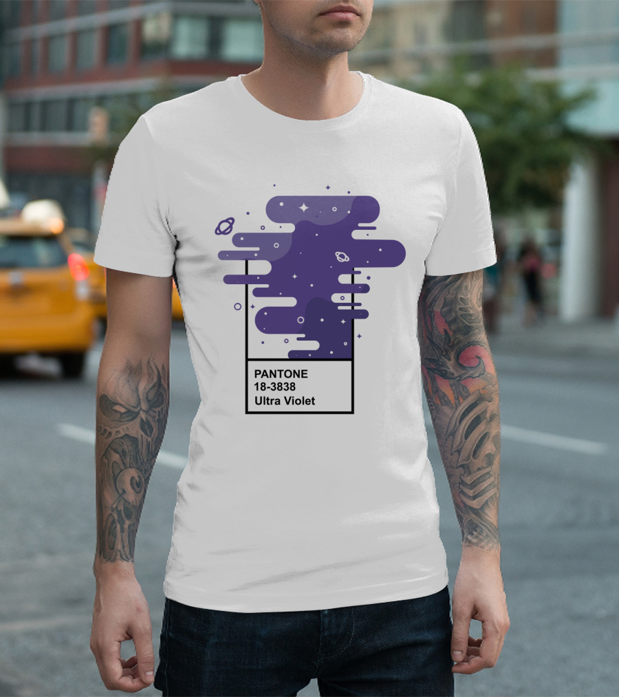 Pantone 18-3838 Ultra Violet Cosmic Space Swirls With Planets And Stars T-Shirt