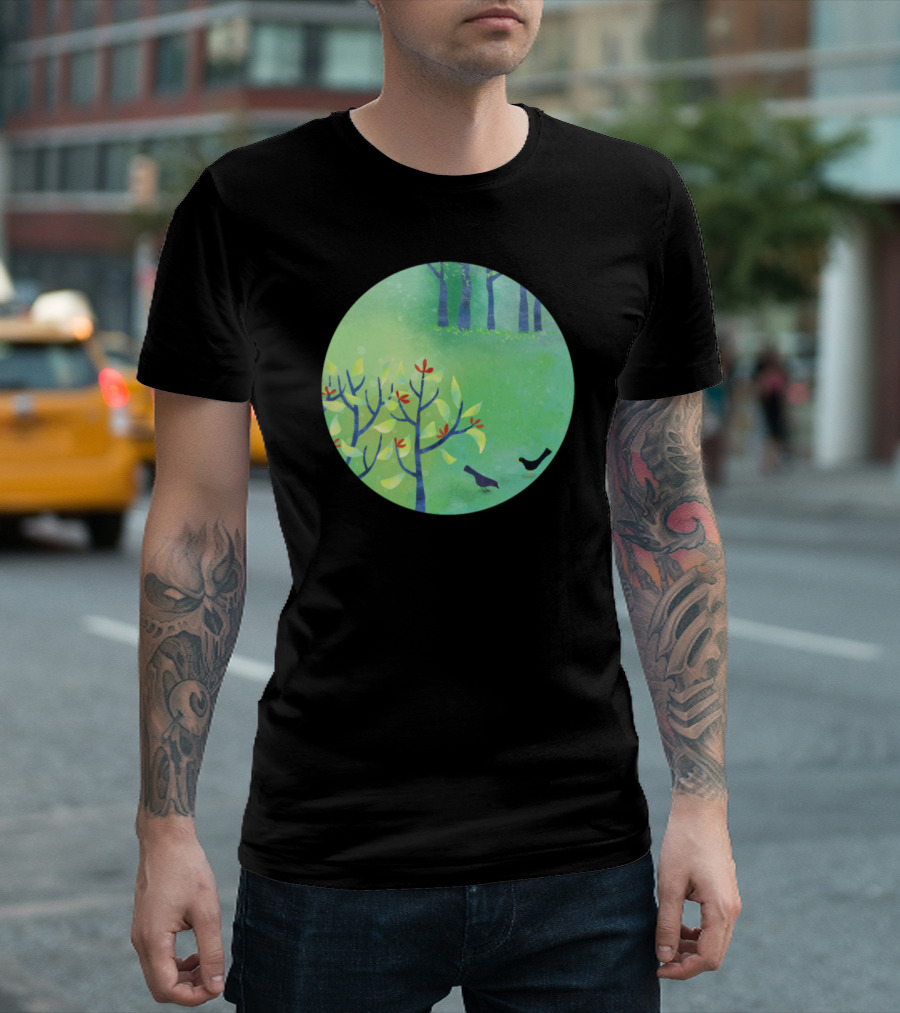 April Trees and Birds in Green Landscape Scene T-Shirt