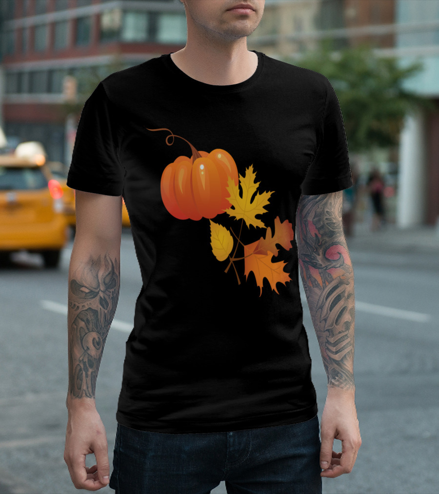 Pumpkin and Autumn Leaves with Vibrant Seasonal Foliage T-Shirt