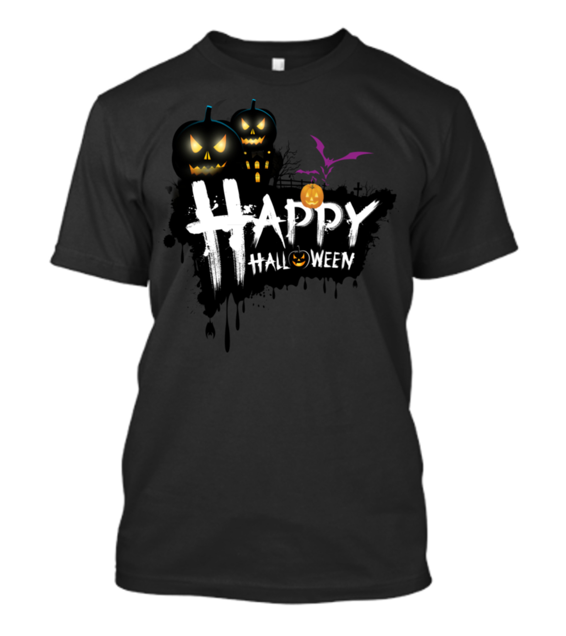 Happy Halloween Spooky Pumpkin And Bat Scene T-Shirt