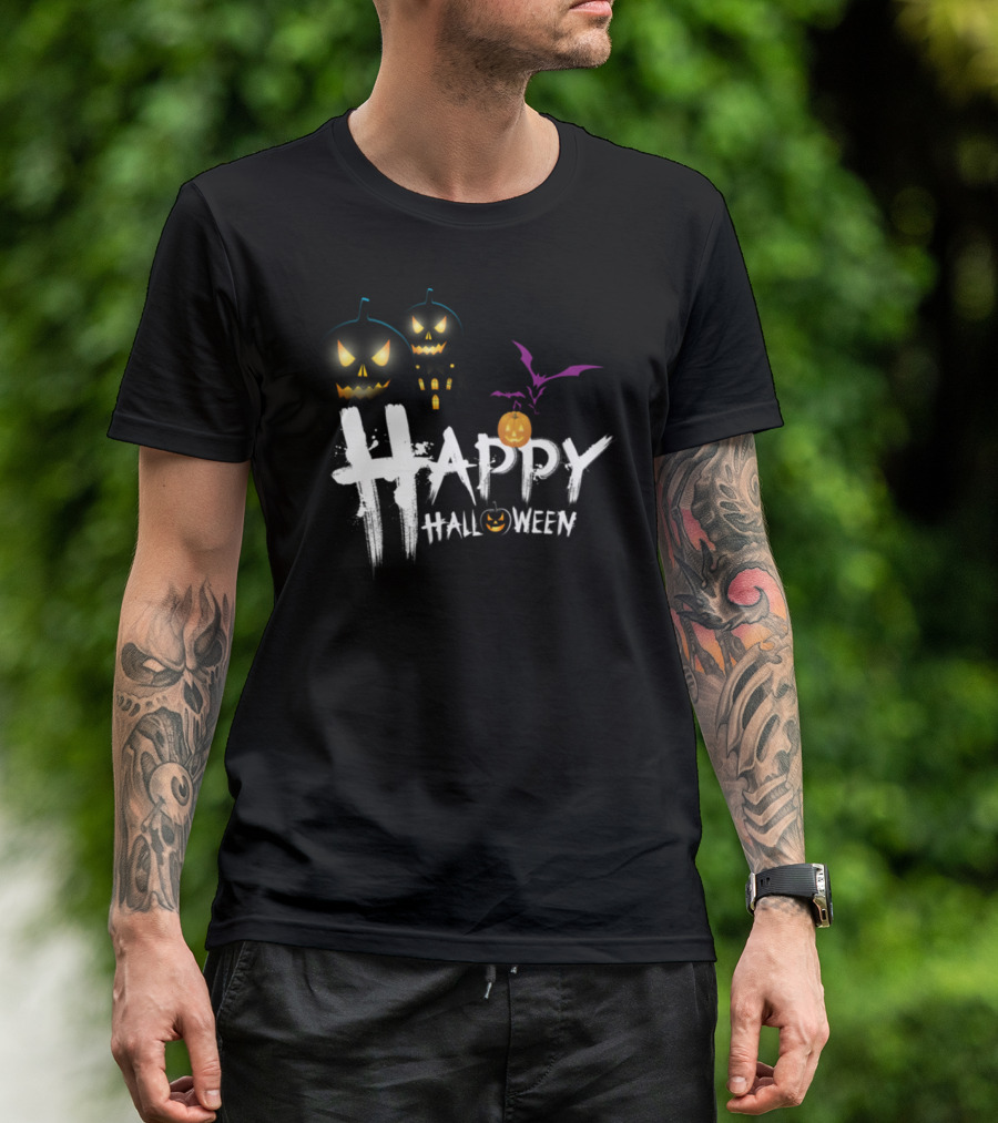 Happy Halloween Spooky Pumpkin And Bat Scene T-Shirt