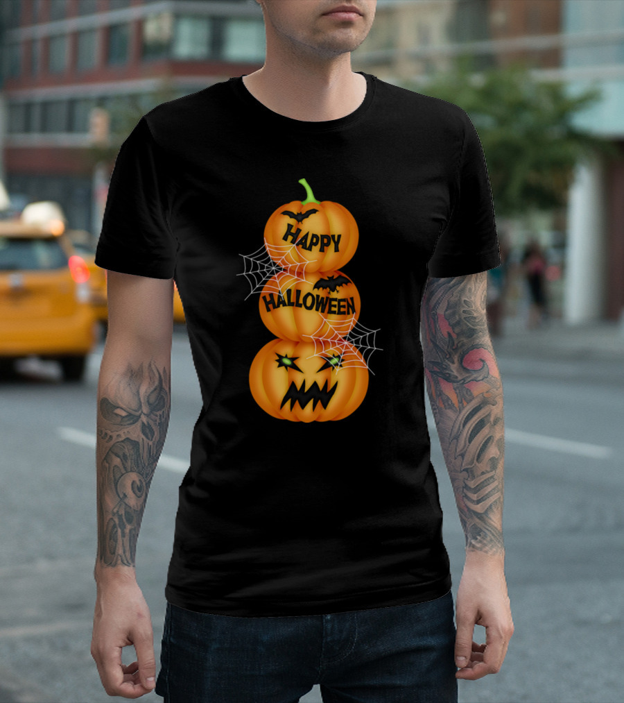 Halloween Pumpkin Pyramid with Happy Halloween Message Bats and Spider Webs T-Shirt