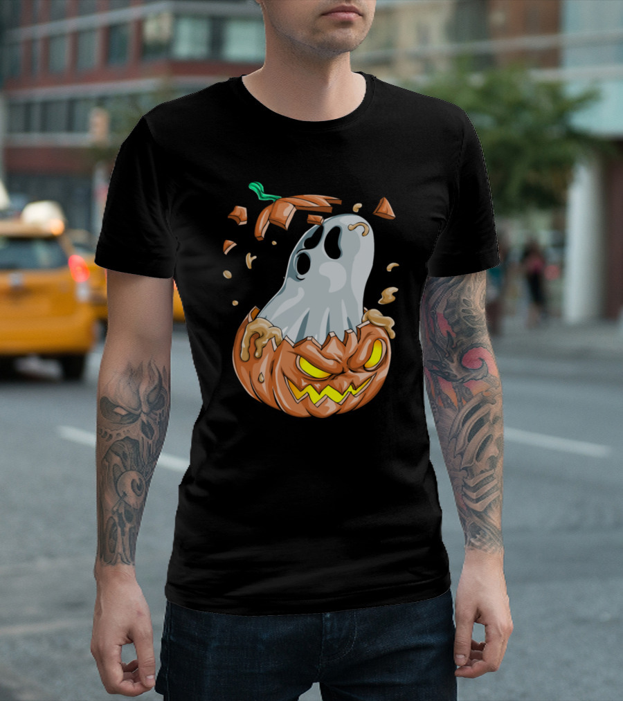 Halloween Ghost Emerging From Broken Pumpkin T-Shirt