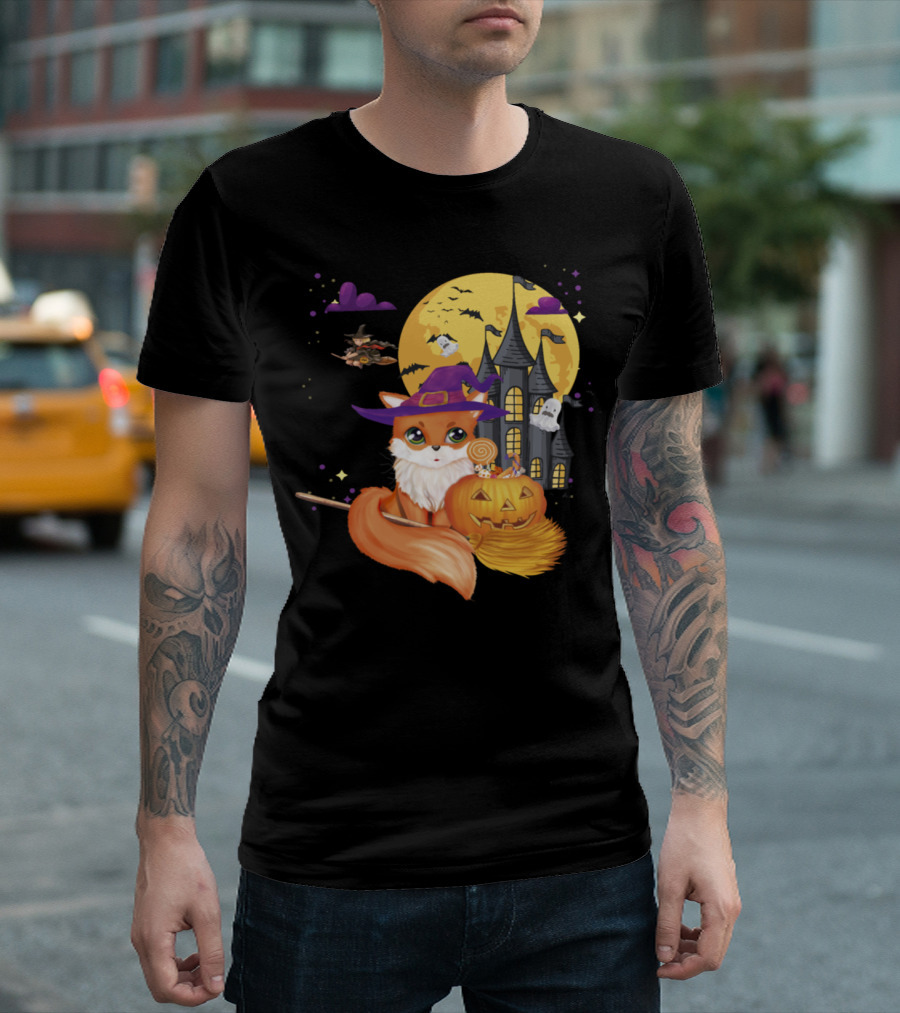 Whimsical Fox Witch Mama Mom Broom Pumpkin with Haunted Castle and Candy T-Shirt