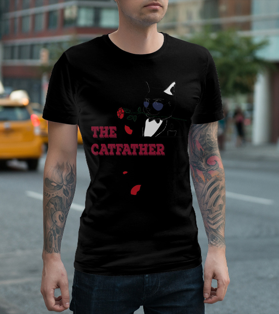 The Catfather Funny Cat People Dark Tuxedo Rose Mafia T-Shirt
