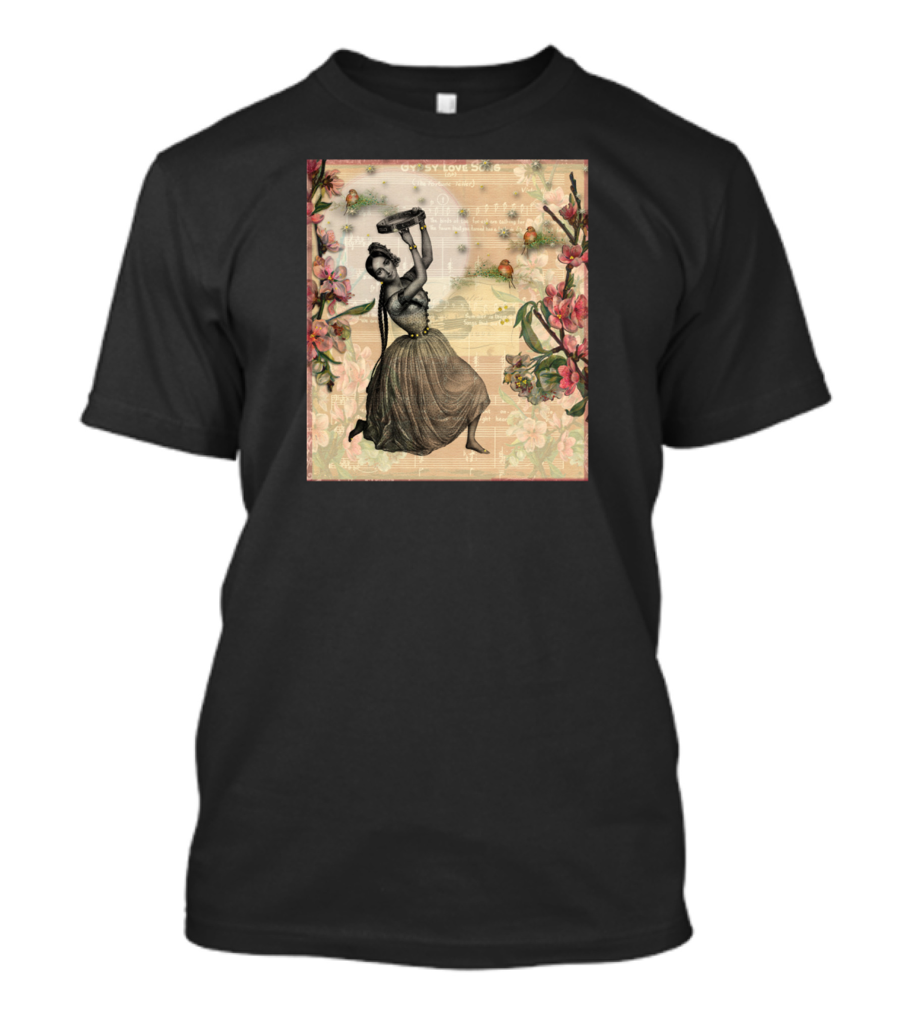 Gypsy Love Song Floral Dancer With Tambourine Vintage Music Background T-Shirt