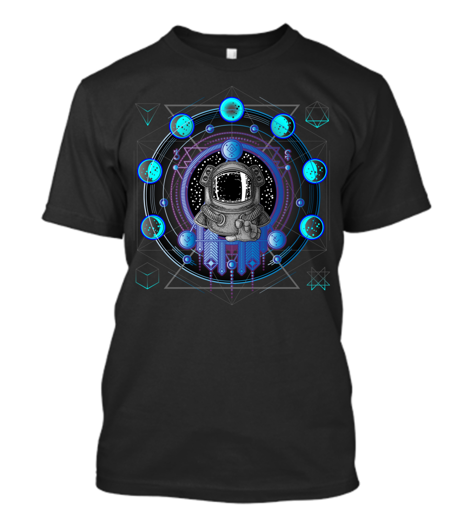 Astronaut Surrounded By Moon Phases And Sacred Geometric Patterns In Astrology T-Shirt