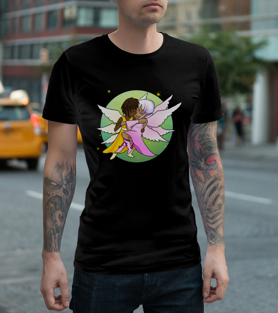 Graceful Embrace of Winged Companions in Starry Harmony T-Shirt