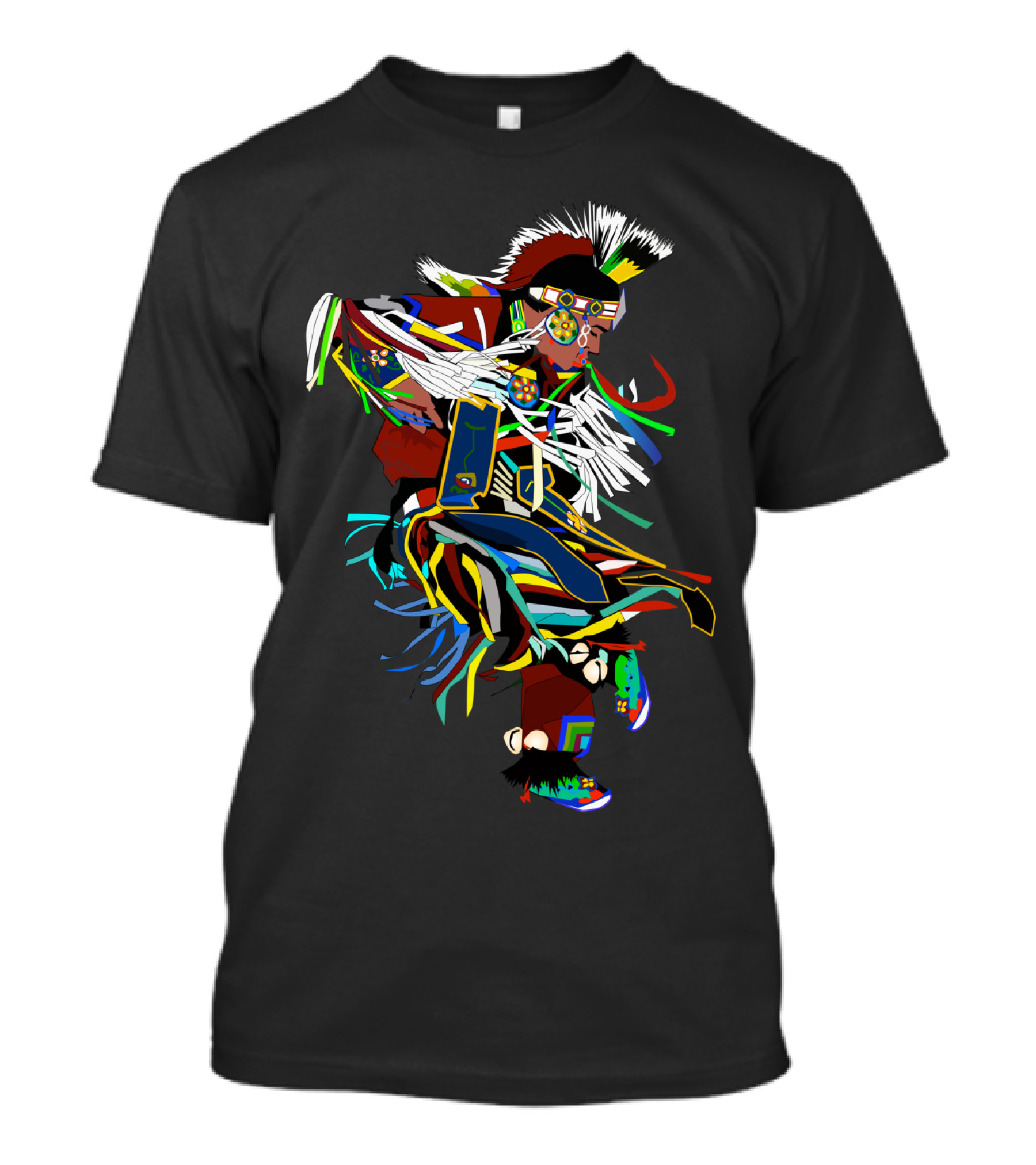 Pow Wow Dance Traditional Regalia With Feathered Headdress And Colorful Fringe T-Shirt