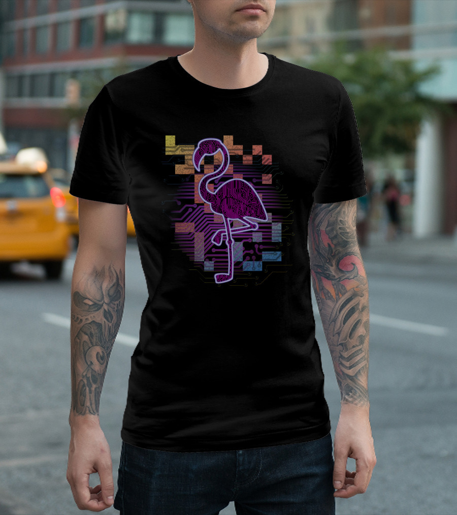 Digital Circuit Flamingo Neon Tech T-Shirt