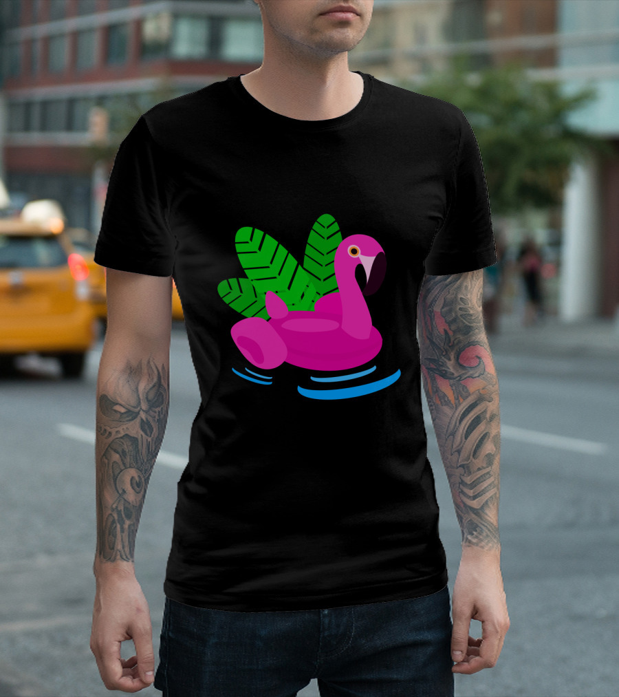 Summer Flamingo Pool Float with Leaves and Water Ripples T-Shirt