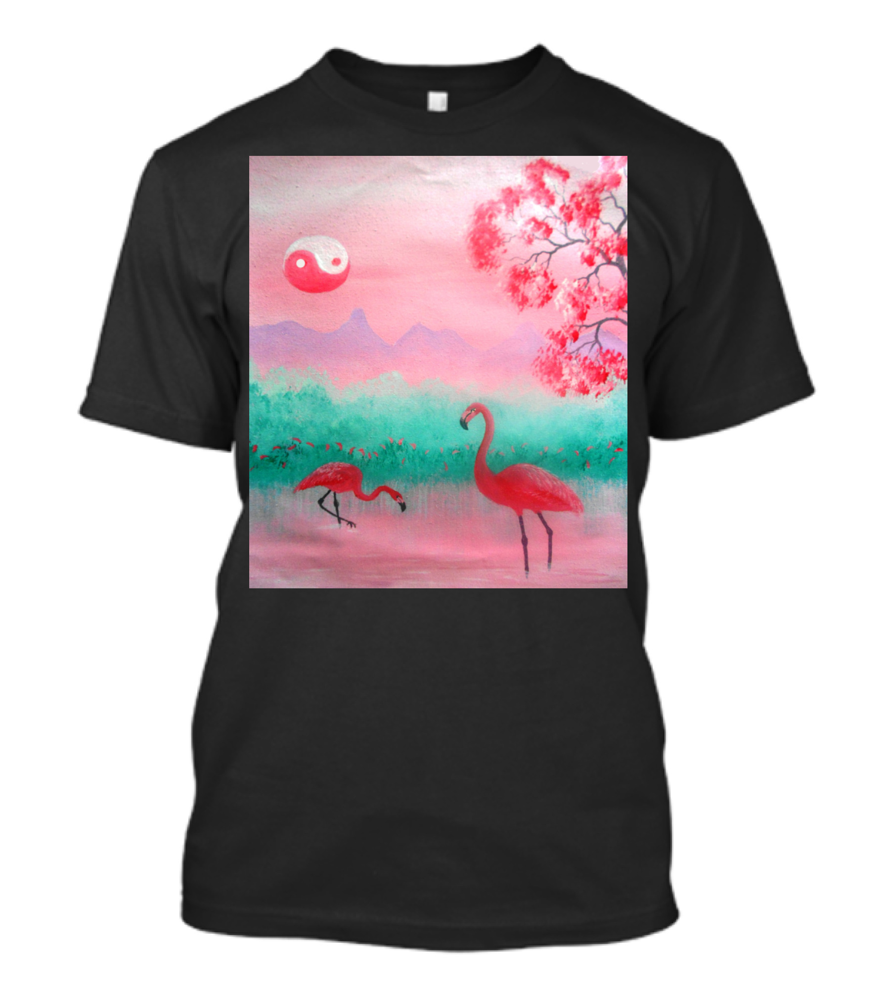 Yin And Yang Flamingo Serenity In Pink Landscape With Cherry Blossom And Mountains T-Shirt