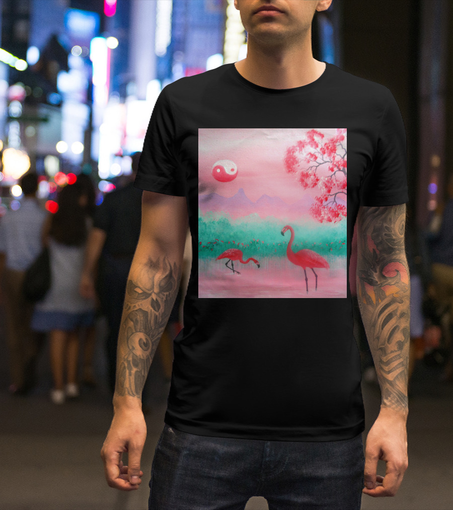 Yin And Yang Flamingo Serenity In Pink Landscape With Cherry Blossom And Mountains T-Shirt
