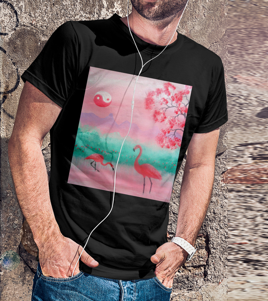 Yin And Yang Flamingo Serenity In Pink Landscape With Cherry Blossom And Mountains T-Shirt