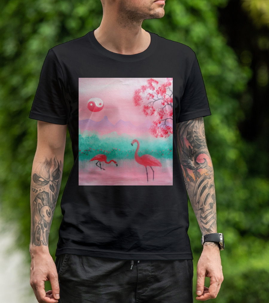 Yin And Yang Flamingo Serenity In Pink Landscape With Cherry Blossom And Mountains T-Shirt