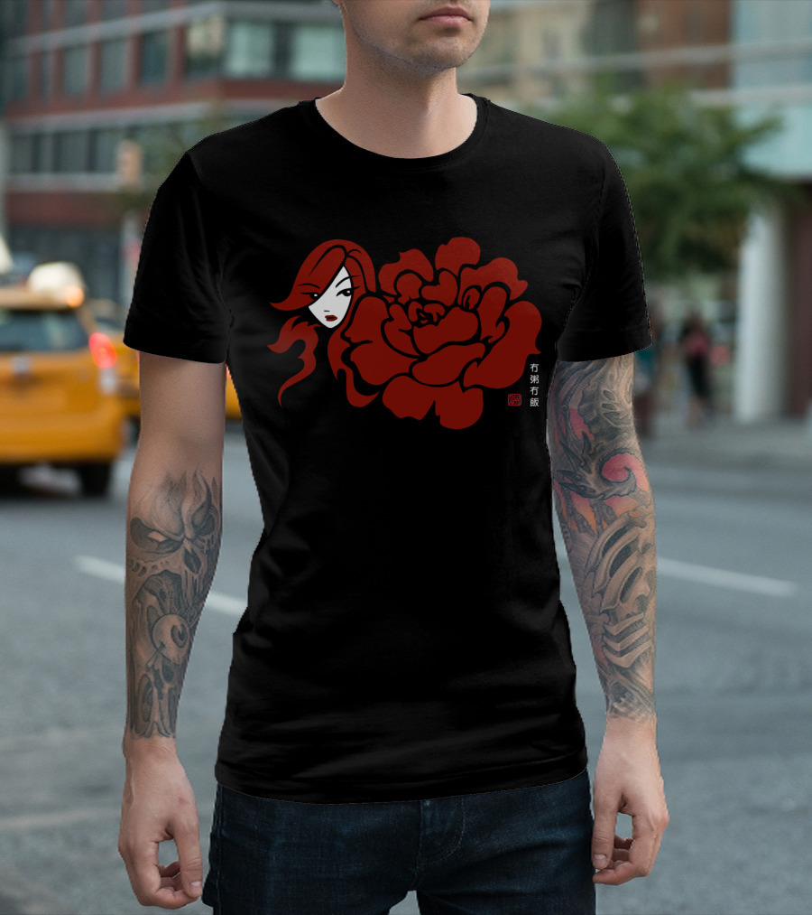 Asian Rose Red Rose and Woman Profile T-Shirt