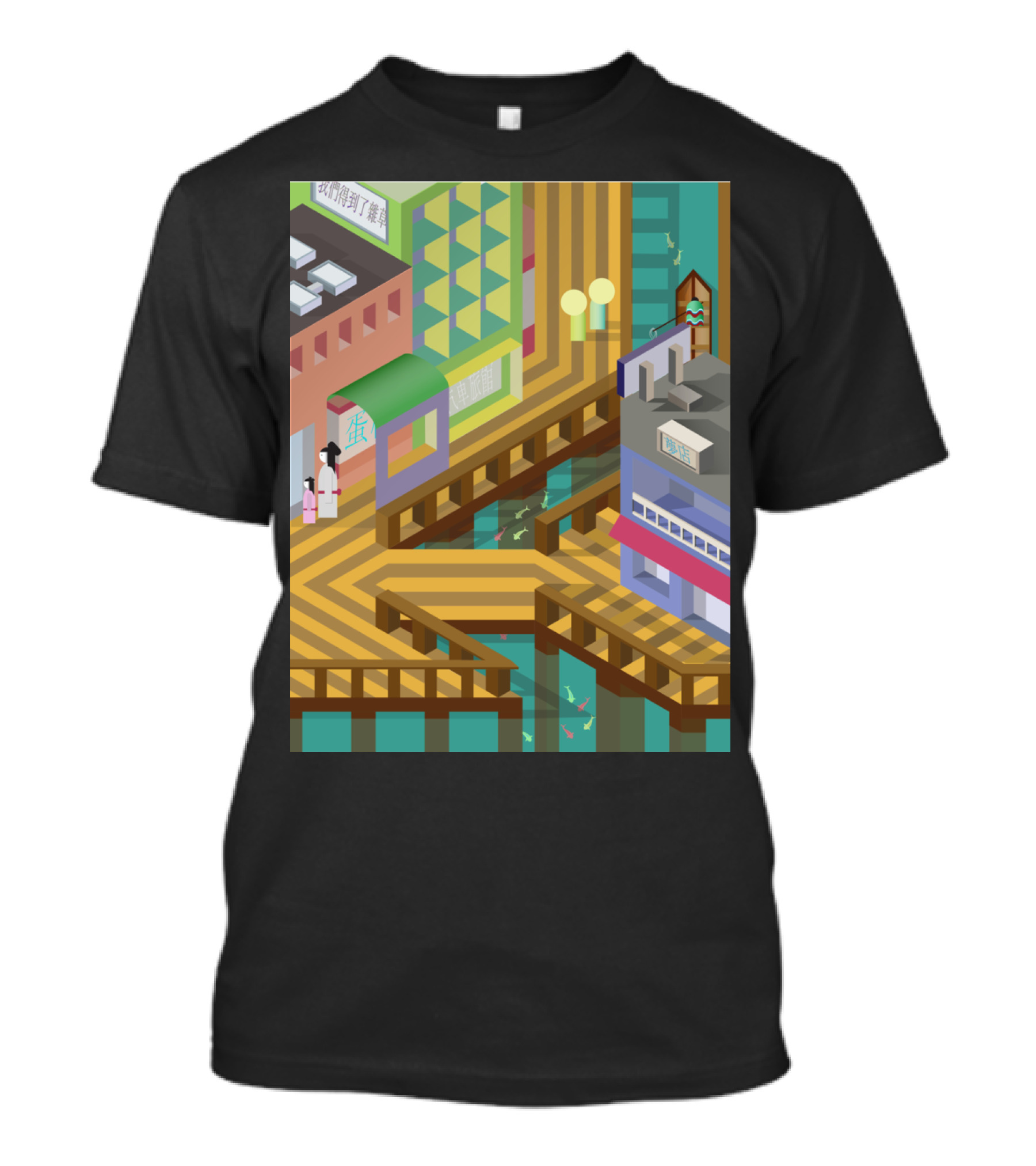 Asian City Bay Geometric Urban Scene With Shops And Walkways T-Shirt