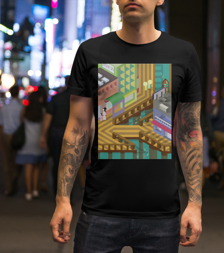 Asian City Bay Geometric Urban Scene With Shops And Walkways T-Shirt