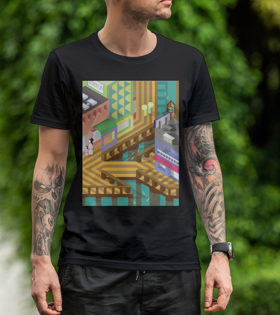 Asian City Bay Geometric Urban Scene With Shops And Walkways T-Shirt