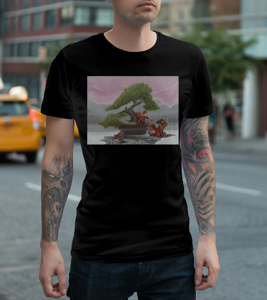 Baby Dragons With Bonsai And Red Sky Backdrop T-Shirt