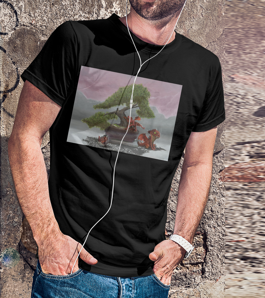 Baby Dragons With Bonsai And Red Sky Backdrop T-Shirt