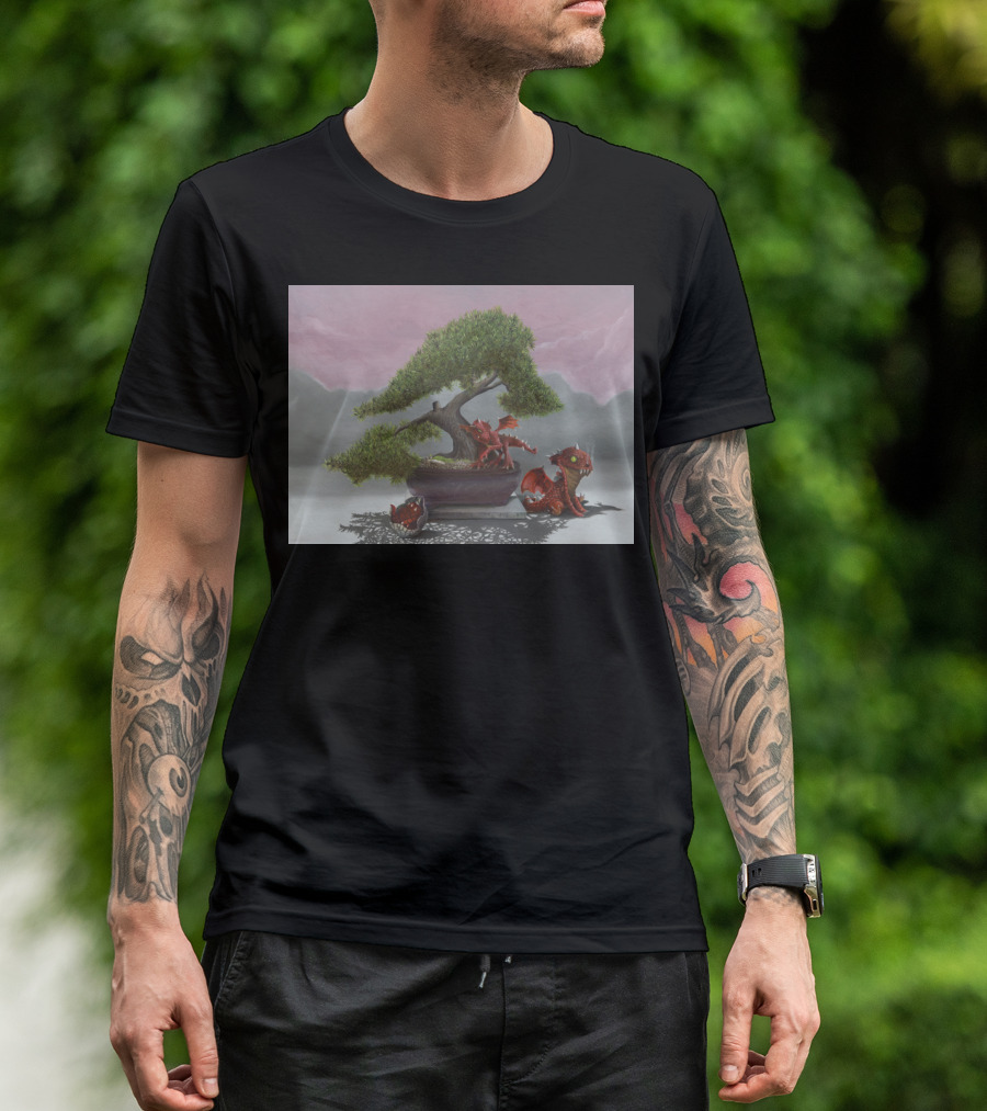 Baby Dragons With Bonsai And Red Sky Backdrop T-Shirt