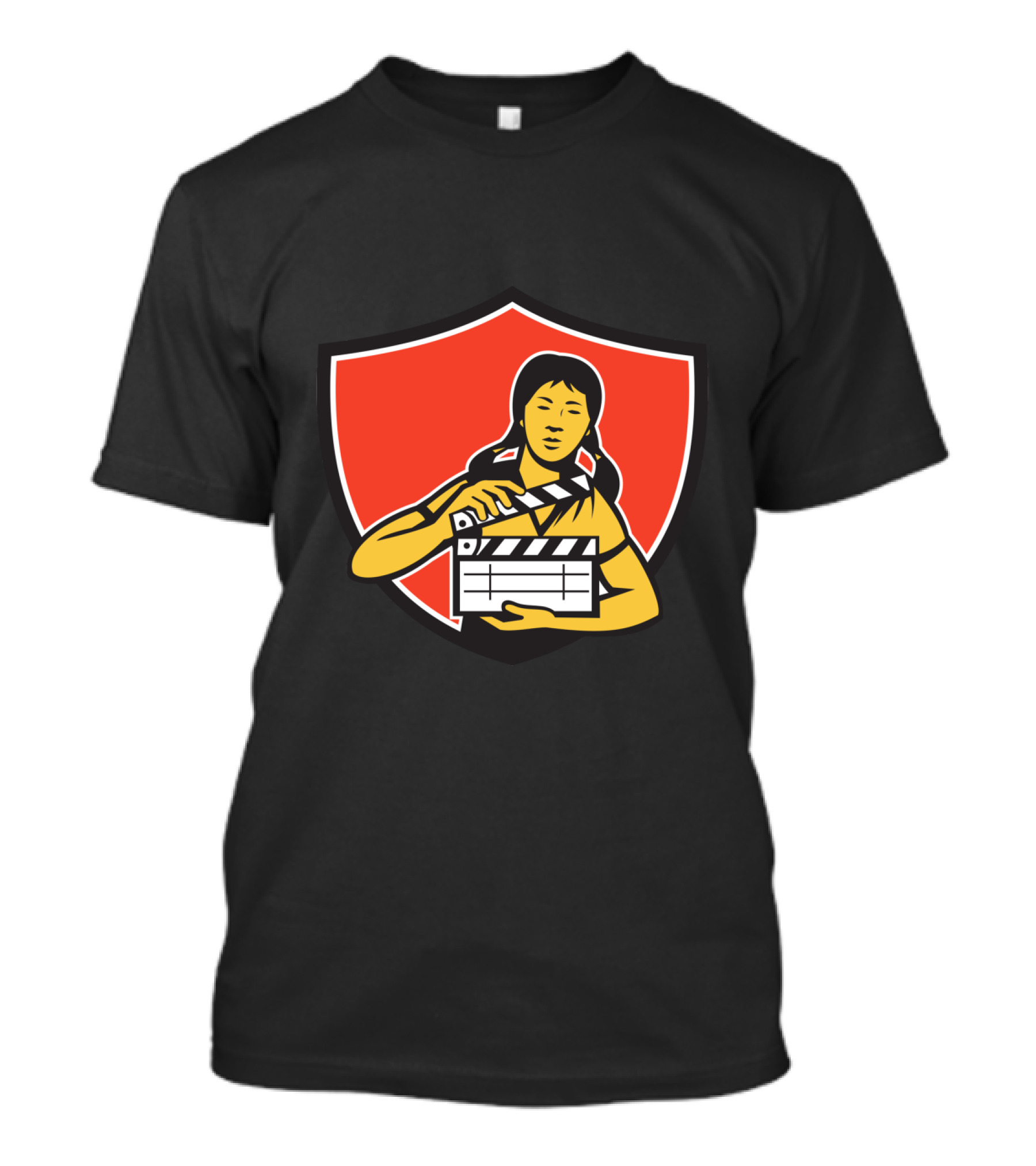 Asian Woman Illustrated With Movie Clapper On Red Shield Background T-Shirt
