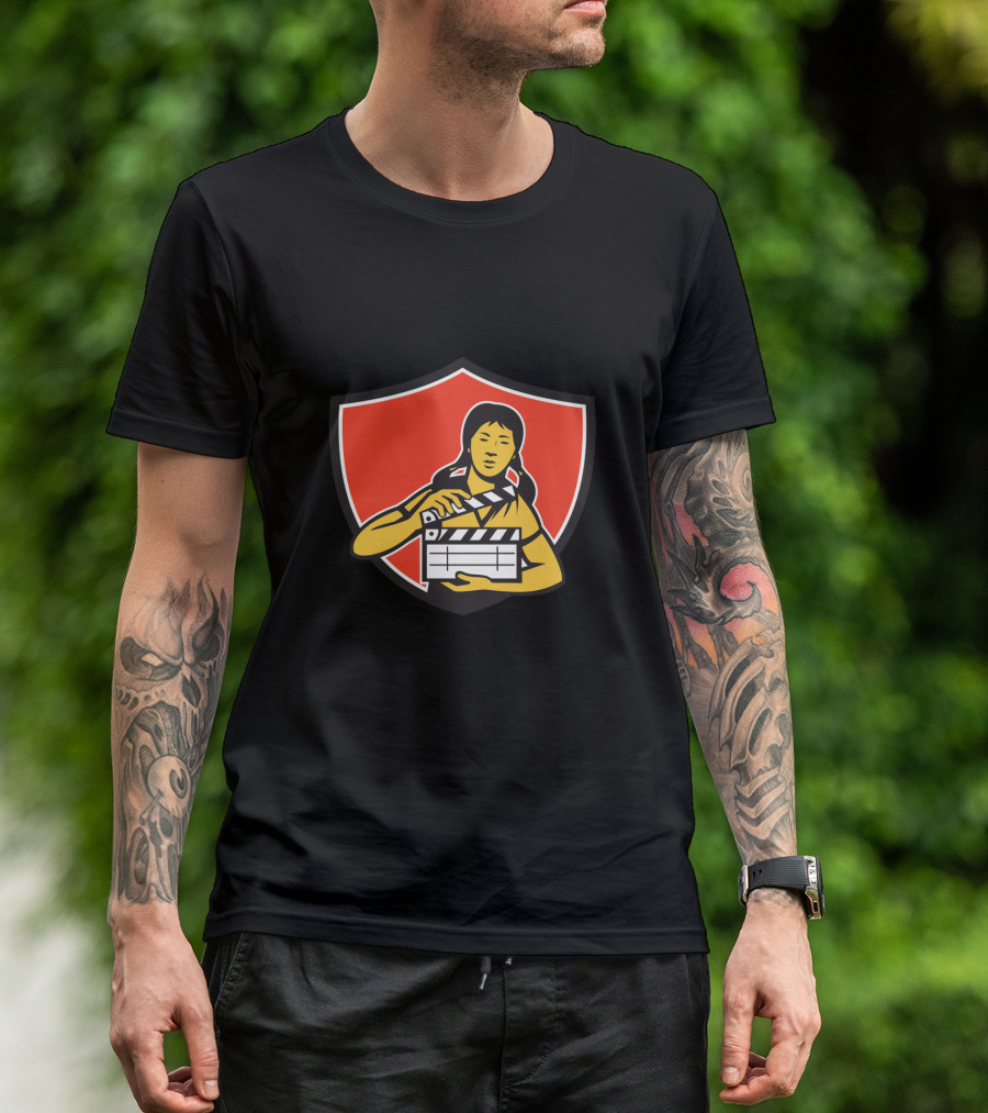Asian Woman Illustrated With Movie Clapper On Red Shield Background T-Shirt