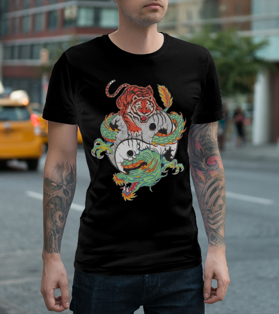 Yin Yang Tiger Dragon Symbol with Colorful Eastern T-Shirt