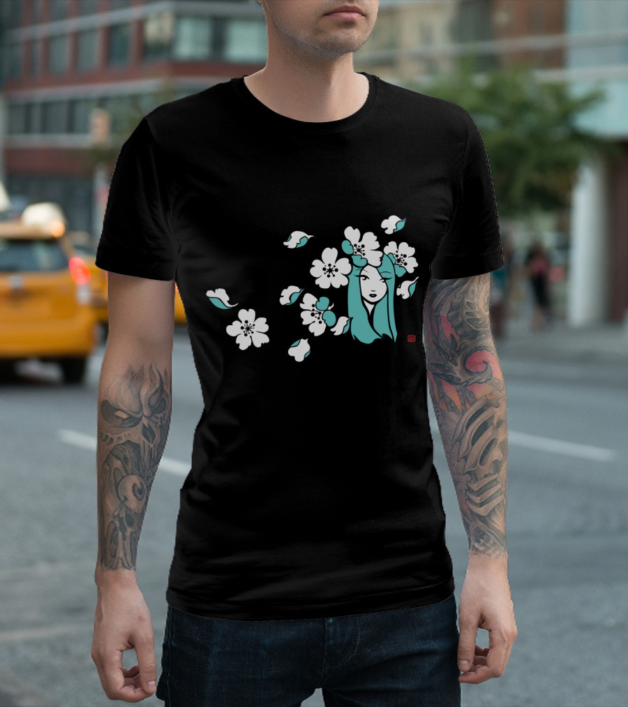 Sakura Girl Blossoms And Turquoise Hair T-Shirt