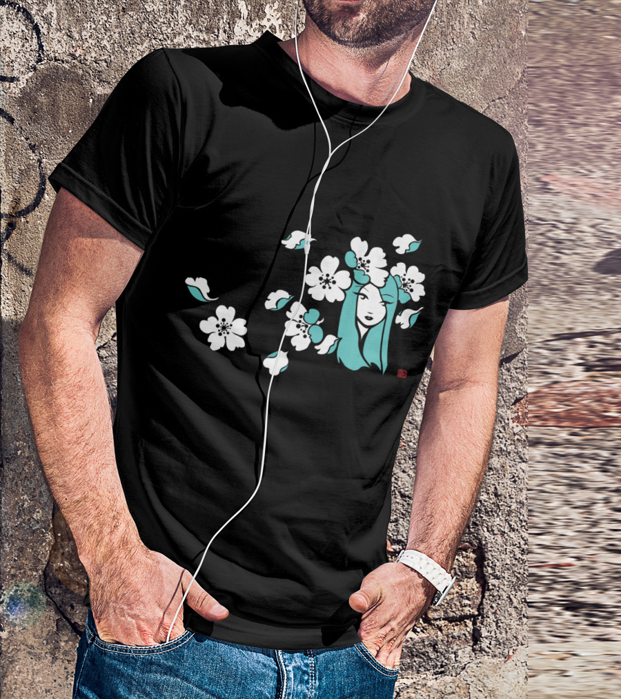 Sakura Girl Blossoms And Turquoise Hair T-Shirt