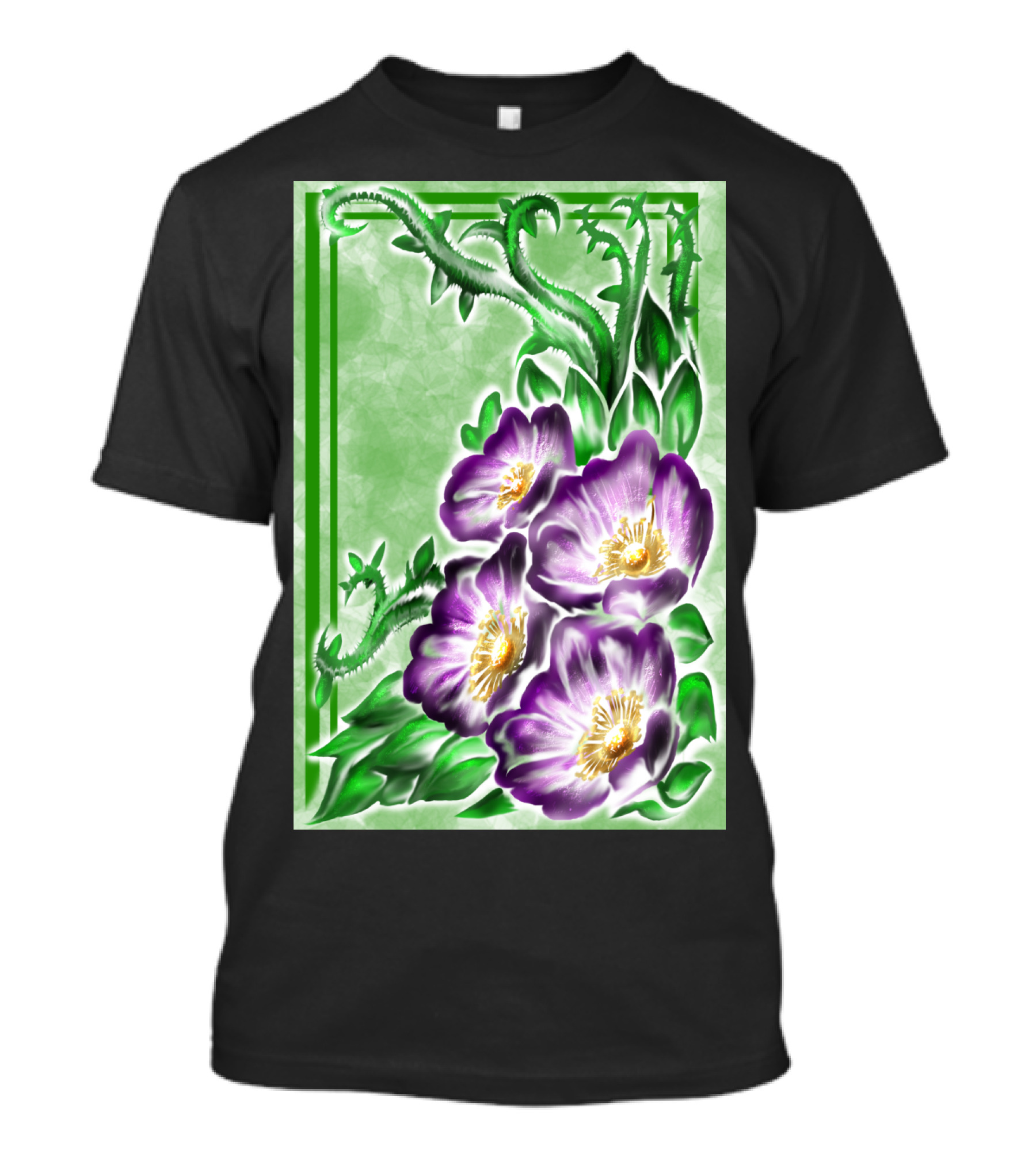Lush Alberta Rose Purple Blossoms With Verdant Green Leaves And Thorns T-Shirt