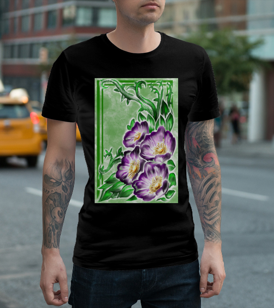 Lush Alberta Rose Purple Blossoms With Verdant Green Leaves And Thorns T-Shirt