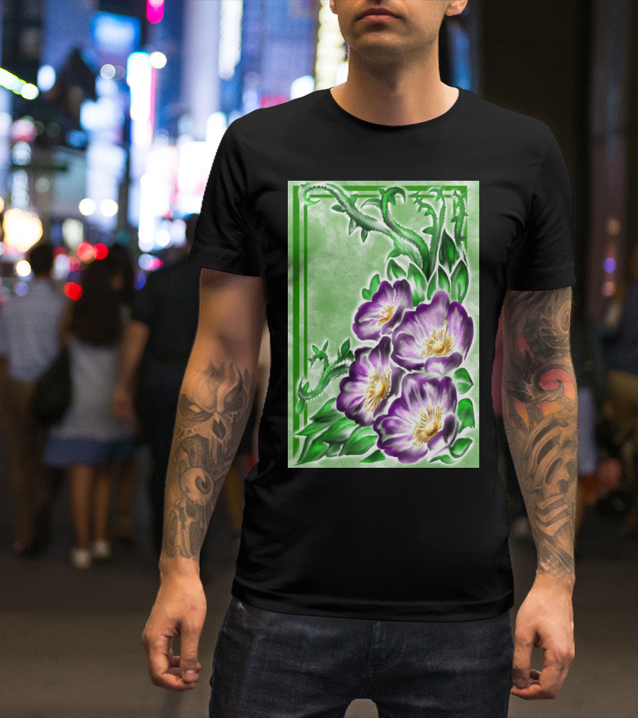 Lush Alberta Rose Purple Blossoms With Verdant Green Leaves And Thorns T-Shirt