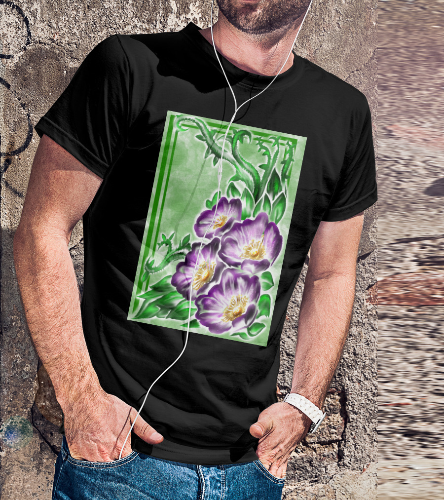 Lush Alberta Rose Purple Blossoms With Verdant Green Leaves And Thorns T-Shirt