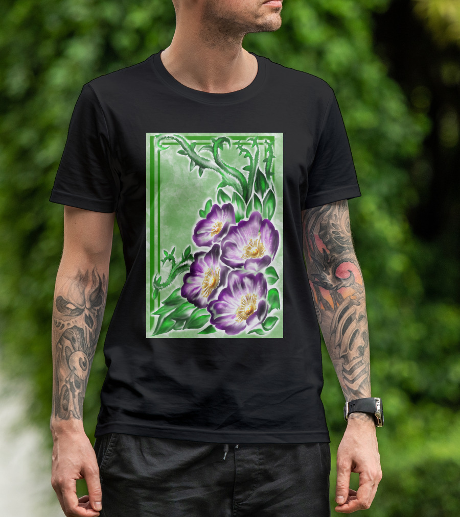Lush Alberta Rose Purple Blossoms With Verdant Green Leaves And Thorns T-Shirt