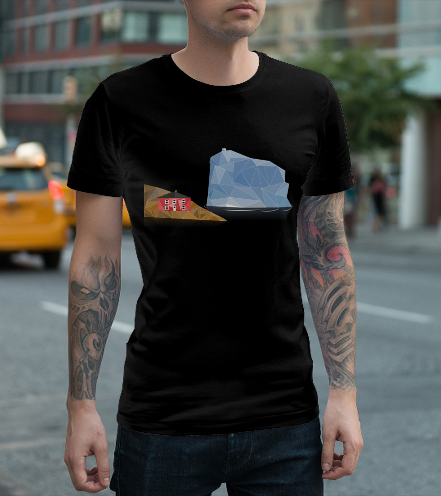 Iceberg Geometry with Faceted Blue Structure and Red House on Brown Hill T-Shirt