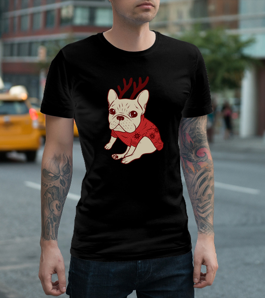 Cream Frenchie in Red Antler Sweater Festive Dog T-Shirt