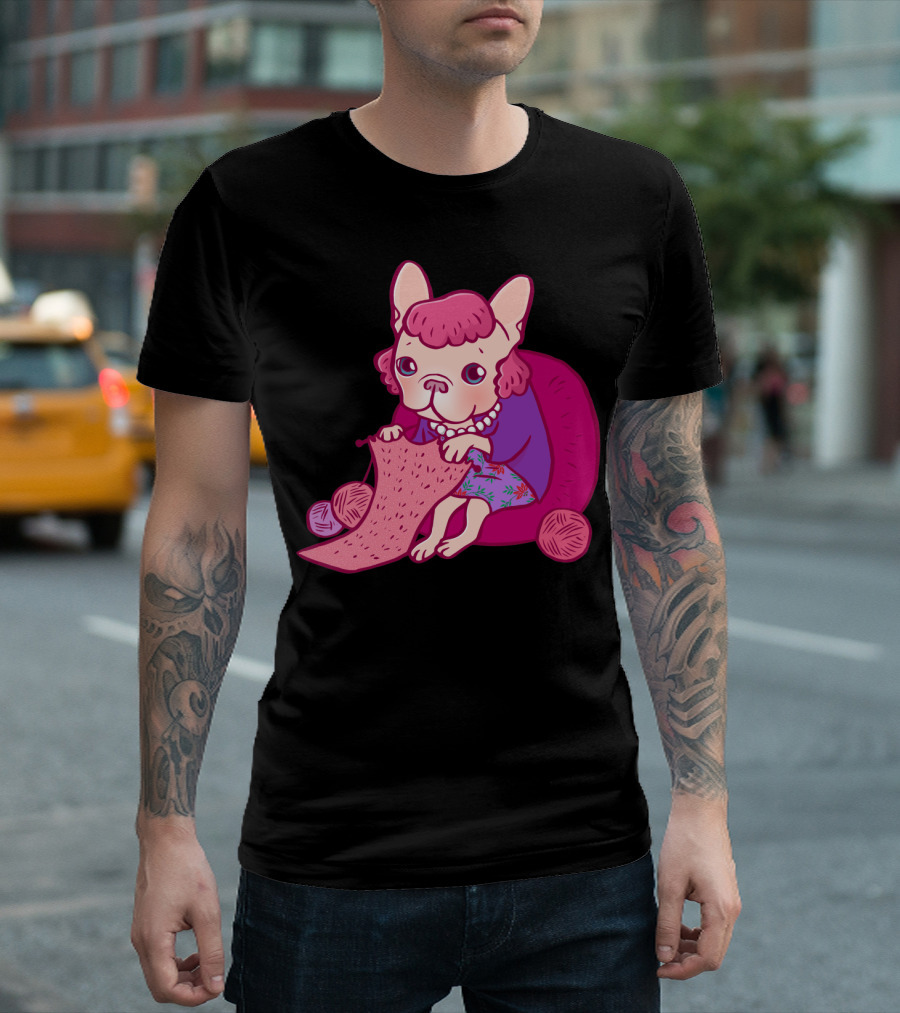 Knitting French Bulldog with Pink Yarn and Scarf in Floral Dress T-Shirt