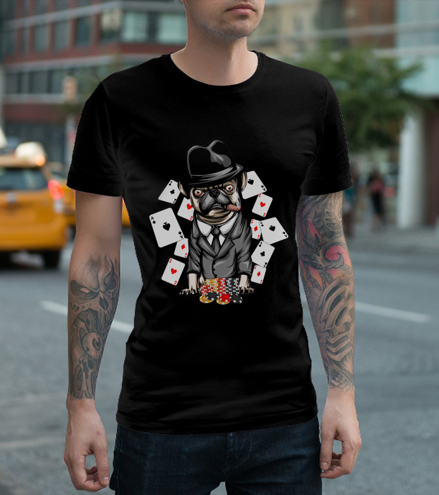 Pug the Thug Poker Ace Cigar Suit Hat Playing Cards T-Shirt