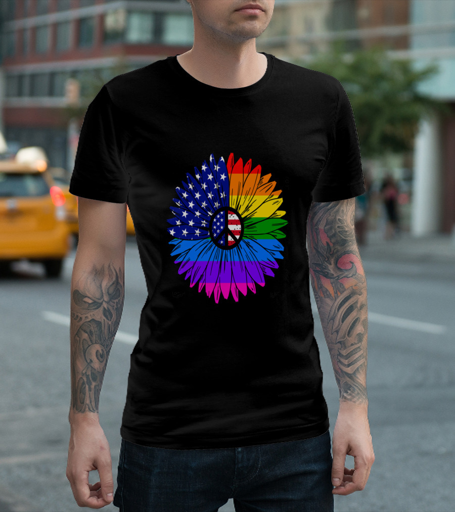 Be Careful Whom You Hate Flower With Peace Sign American Flag And Rainbow Colors T-Shirt
