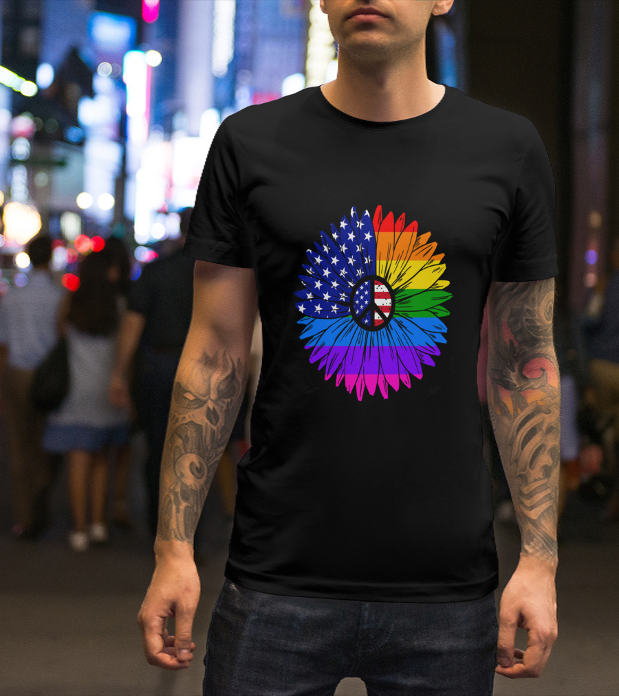 Be Careful Whom You Hate Flower With Peace Sign American Flag And Rainbow Colors T-Shirt
