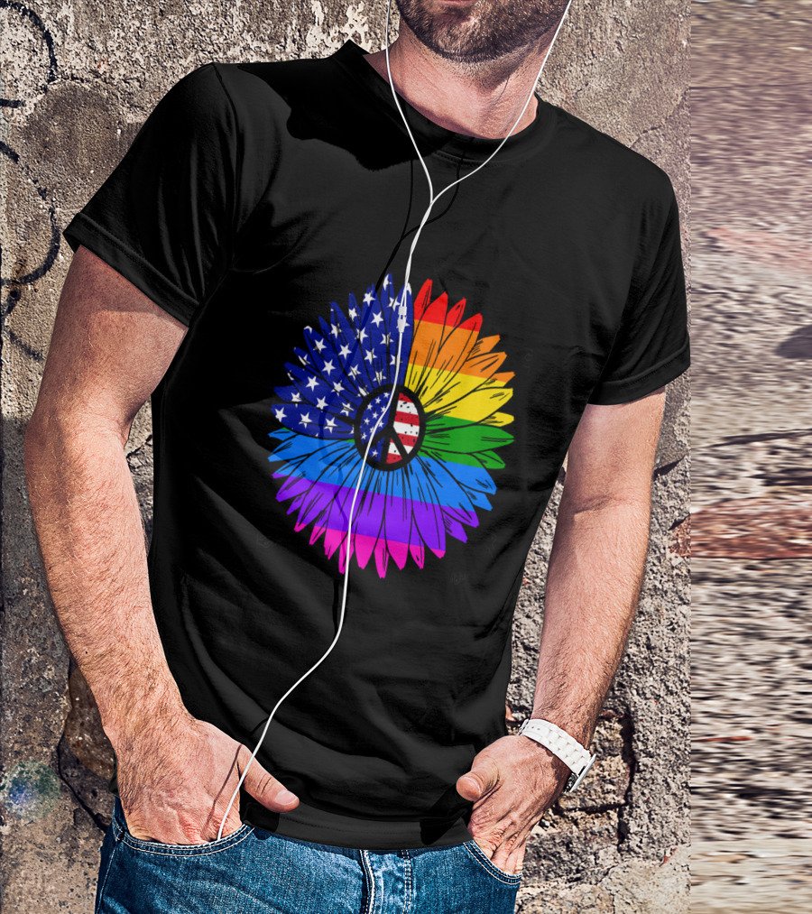 Be Careful Whom You Hate Flower With Peace Sign American Flag And Rainbow Colors T-Shirt